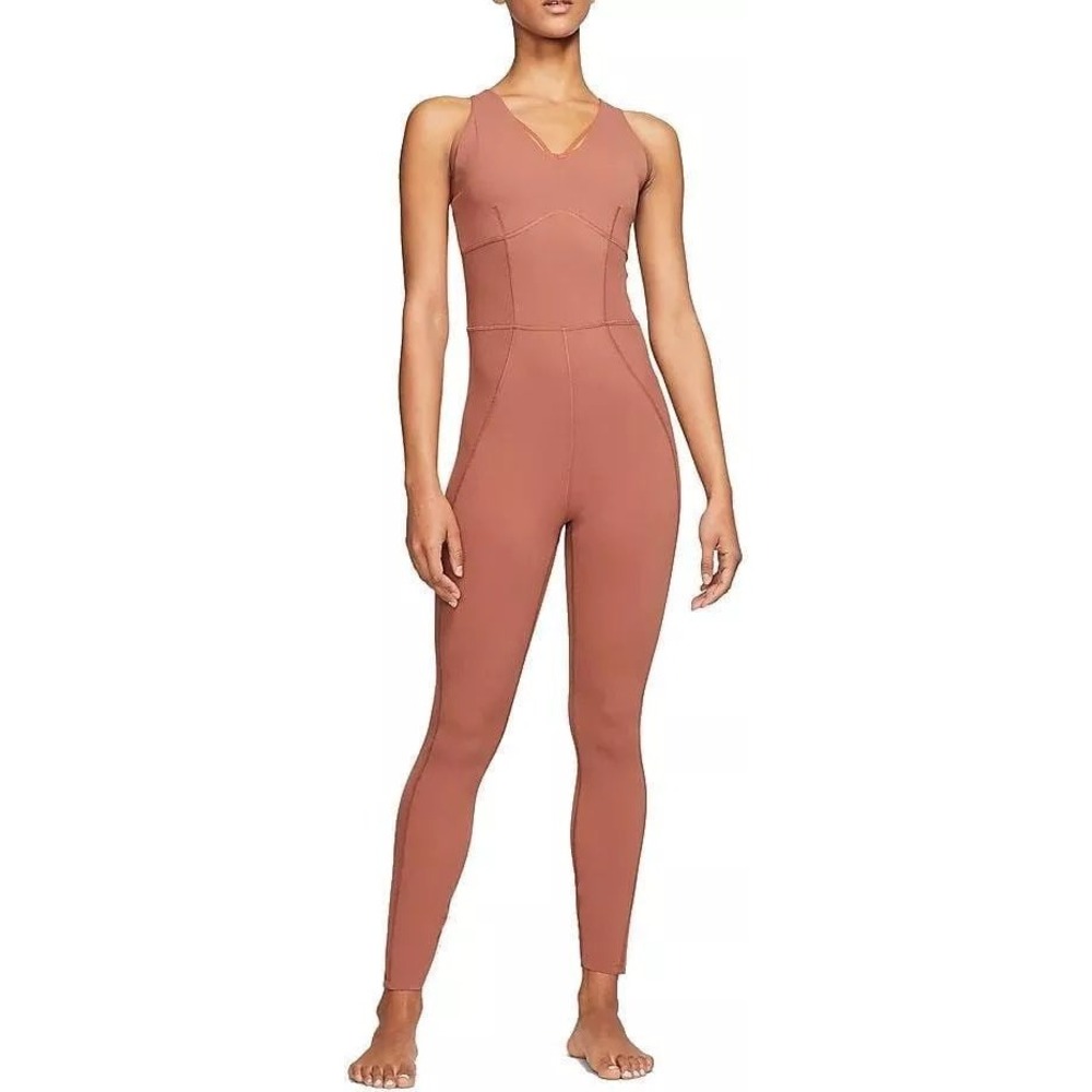 Nike Yoga Luxe Infinalon Jumpsuit Women XS Brown Excellent Dri-FIT Ribbed CJ5272